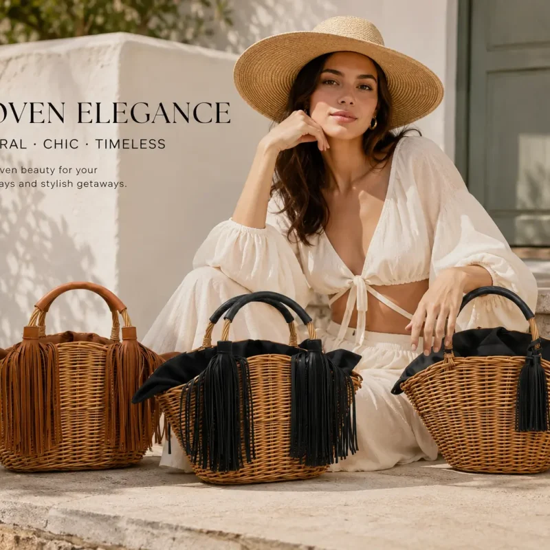 E1071 Straw woven beach bag with tassel for summer