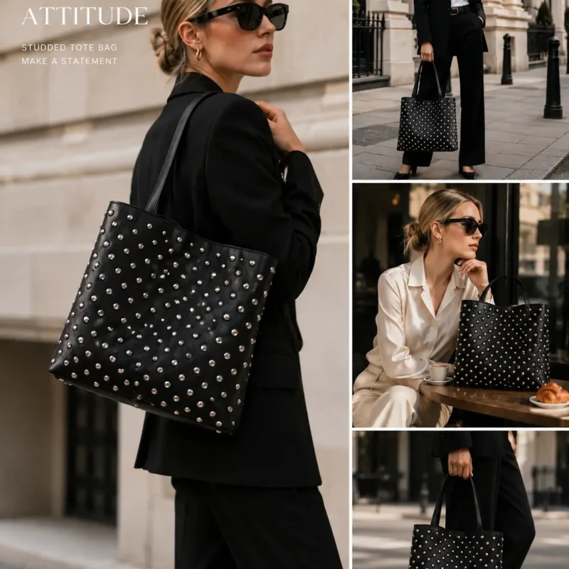 E1060 Studded Hobo Genuine Leather Bag