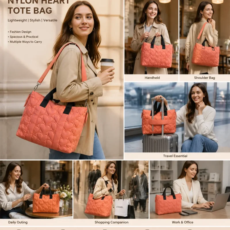 E1081 Nylon puffer EBM Heart Shape tote bag