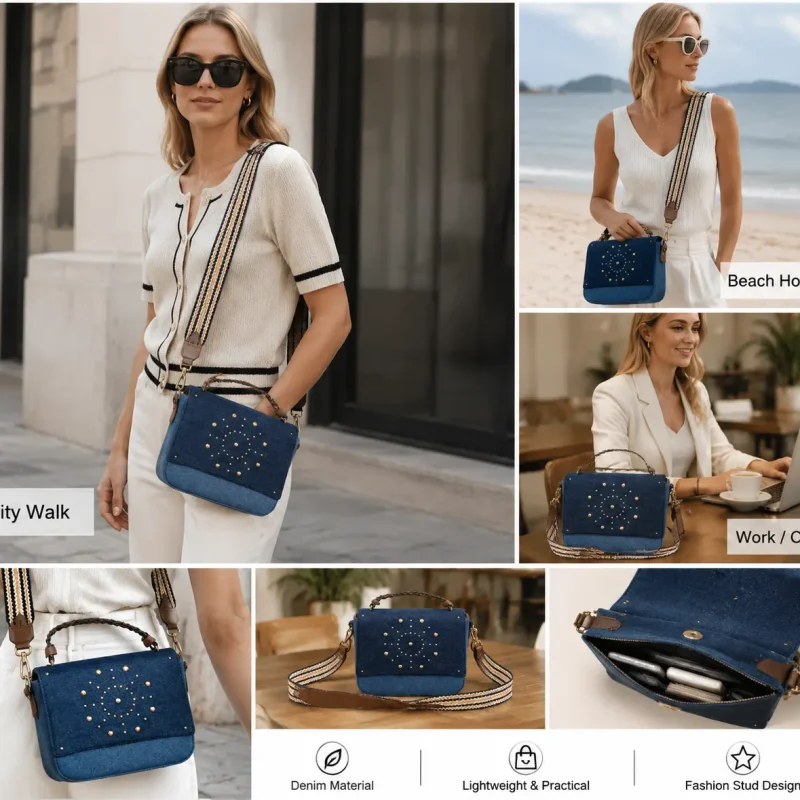 E1083 Denim with decorative studs crossbody bag
