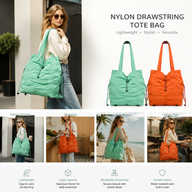 E1086 Nylon drawstring hobo tote bag