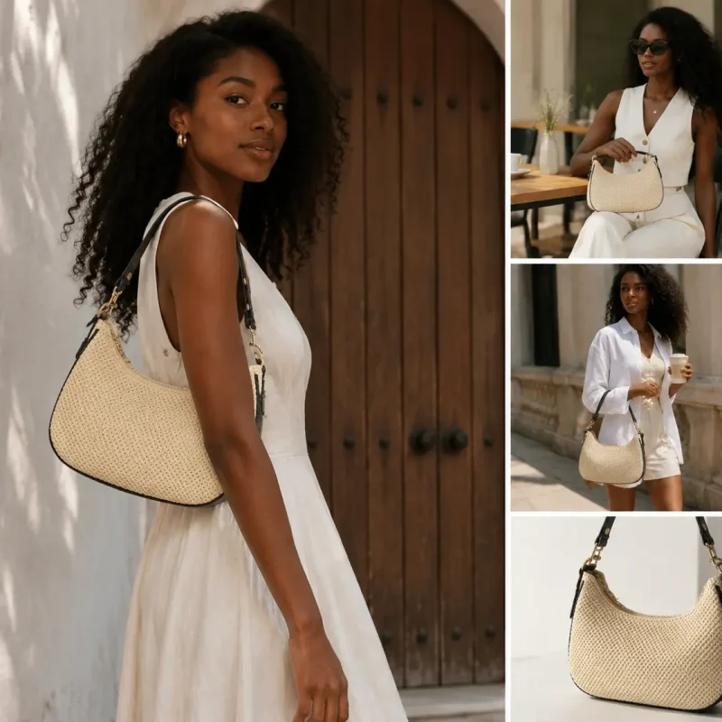 E1094 Straw raffia shoulder beach bag