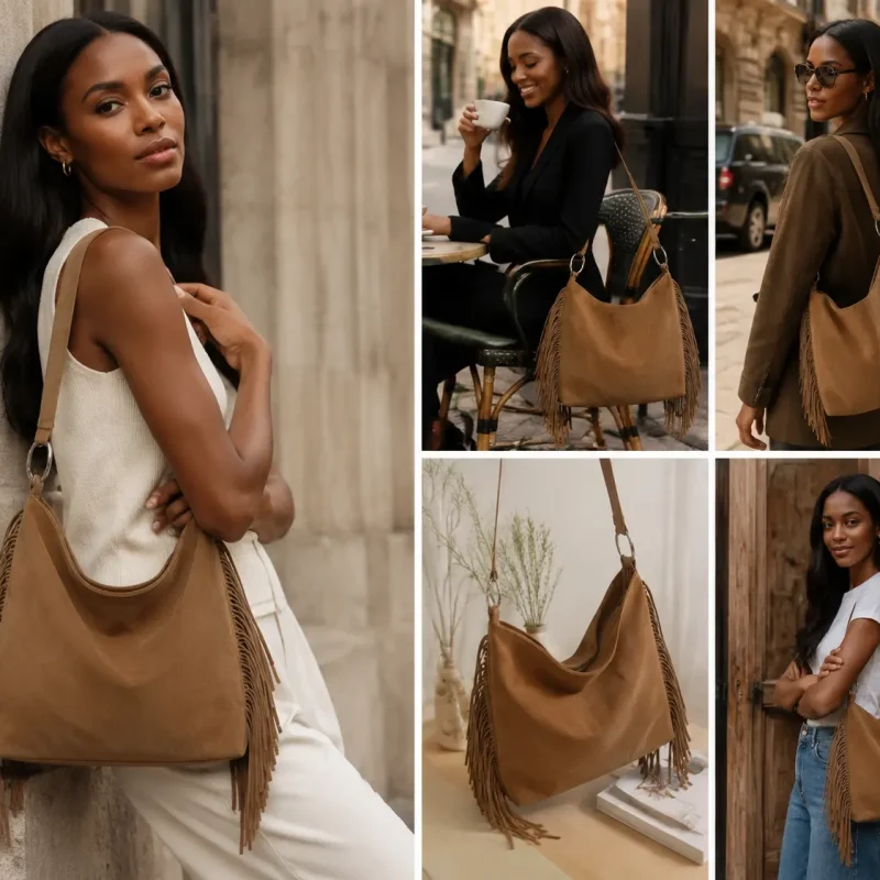 E1100 Fringe Hobo vintage suede crossbody bag
